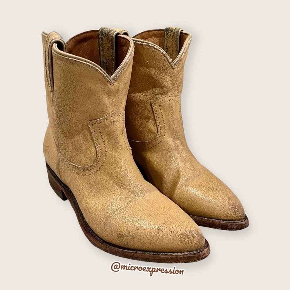 $379 Frye Billy Pull On Sunflower Tan/Beige Crackled Leather Cowboy Short Boot - Picture 15 of 16
